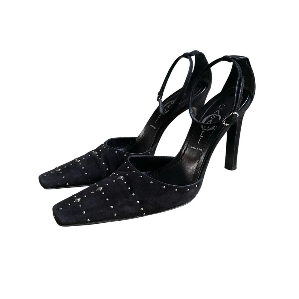 CASADEI Black Suede Studded Pointed Toe Heels Size 6 Made in Italy Retail $348